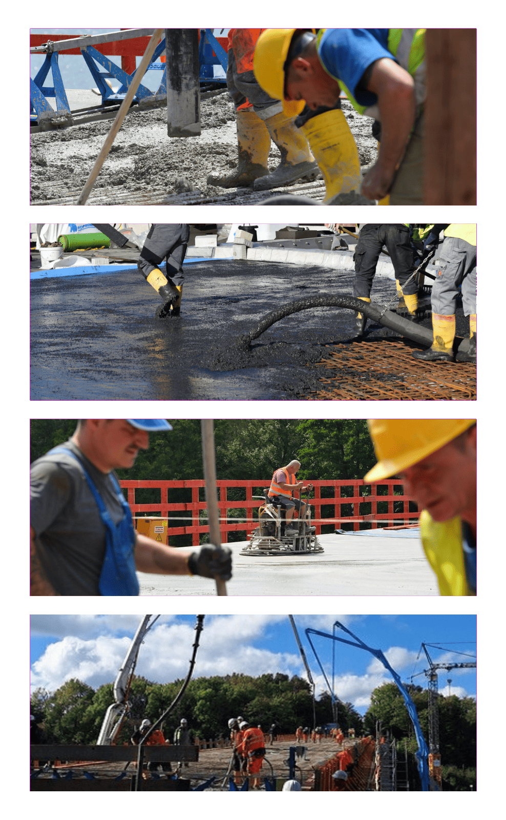 Das Bild zeigt vier übereinander angeordnete Szenen vom Brückenbau: Bauarbeiter in Schutzkleidung gießen, verteilen und glätten Beton mit Maschinen und Schläuchen auf einer Baustelle im Freien.